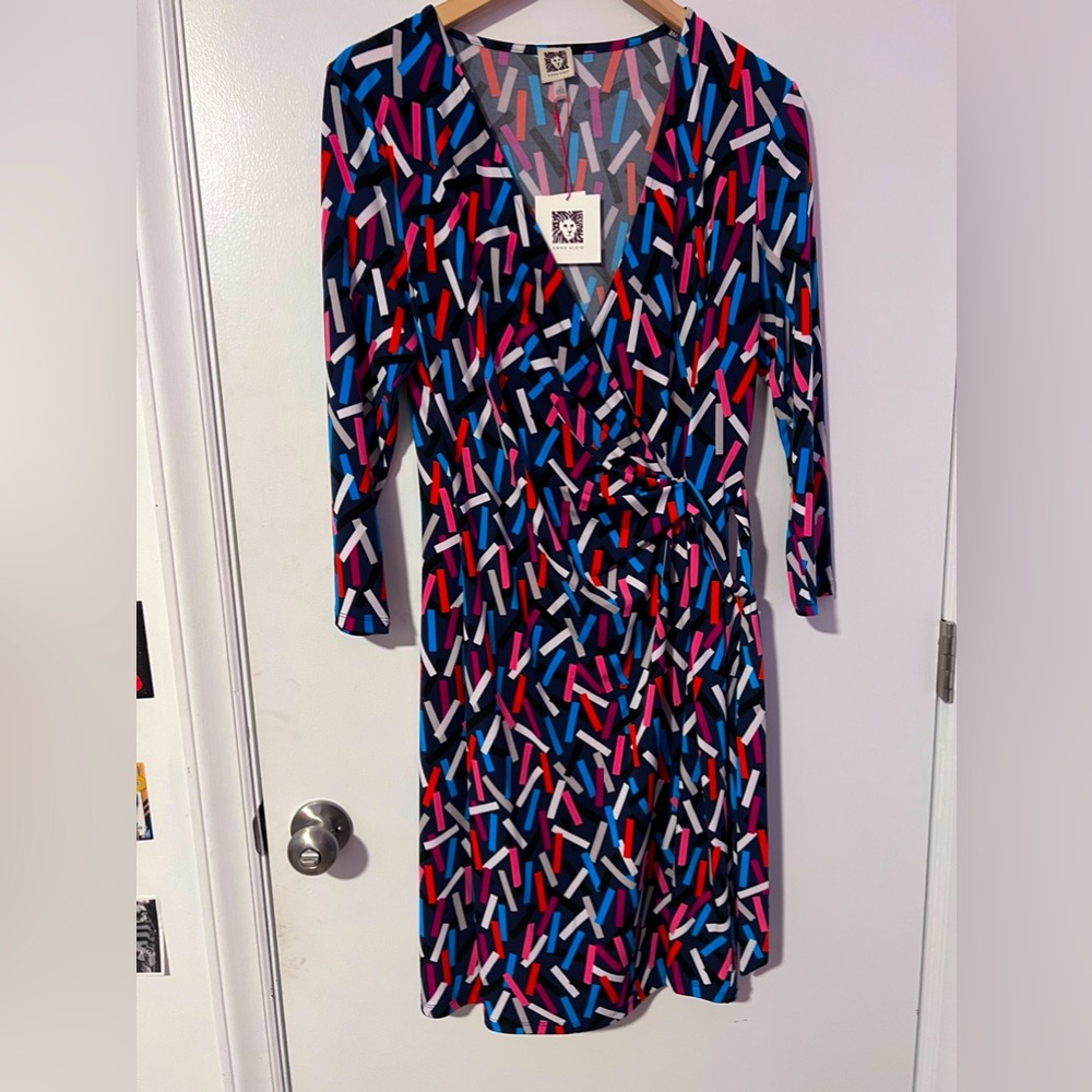 Anne Klein Wrap Dress, size ladies 12, NWT, Navy blue, red, pink, aqua